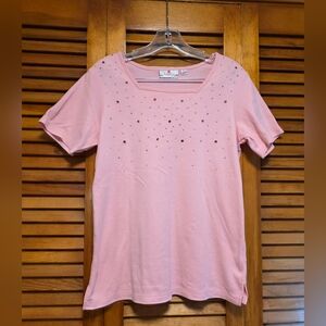 Quacker Factory by Jeanne Bice Pink Rhinestone Square Neck Short Sleeve Top XS